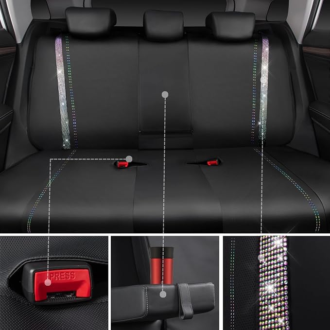 CAR PASS Bling Diamond Car Seat Covers Full Set, Shining Rhinestone Waterproof Faux Leather, Rear with Zipper, Universal Fit Automotive Glitter Crystal Sparkle Strips for Cute Women Girl,Muticolor - Image 6