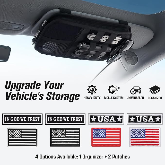 1000D Polyester Car Sun Visor Organizer with Sunglasses Holder | Tactical Organizer, MOLLE Panel, Universal, Mesh Pouch + Pen Slots + Zipper Pockets, Heavy Duty, Esay Installation - Image 9