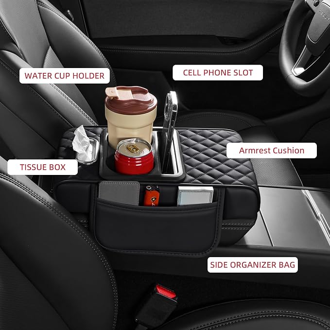 5 in 1 Nappa Leather Console Armrest Cover, Black | Built-in cup holder, tissue slot, phone holder & 2 storage pockets, practical car accessories fit SUV sedan truck - Image 2