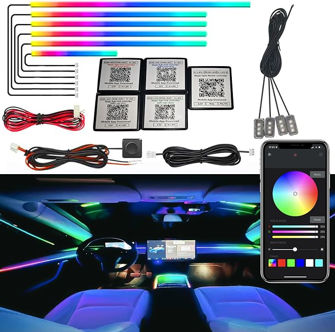 Dreamcolor Acrylic Interior Car LED Strip Light, RGB 10 in 1 Fiber Optic Ambient Lighting Kits, 16 Million Colors Sound Active Function Car Neon Lights with Wireless APP by UWDESY