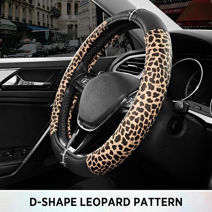 Road Comforts Leopard Steering Wheel Cover for Women, Cute Anti-Slip Microfiber Leather, Fits D Shape Flat Bottom Steering Wheel 14.5-15 Inch - Black - Image 6