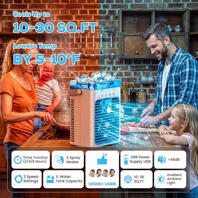 Portable Air Conditioners, Personal Evaporative Air Cooler with 1000ML Water Tank, 3 Speeds & 2 Mist Modes, Portable AC Fan for Car, Caravan, Kitchen, Office Desk - Image 2