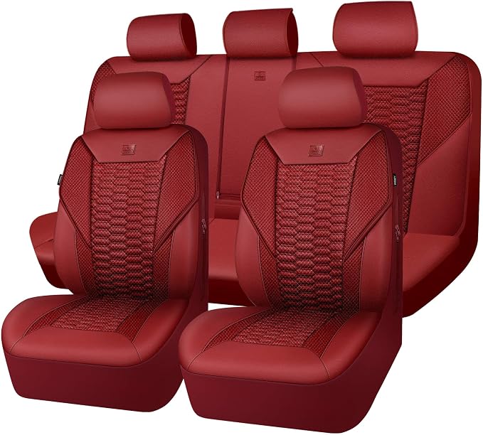 CAR PASS 3D Foam Mesh Leather Seat Covers Full Set, Wine Red Breathable Mesh Faux Leather Seat Covers for Car, Universal Fit for SUVs Vans Sedan Trucks Automotive,Armrest Airbag Compatible, Burgundy by CARPASS