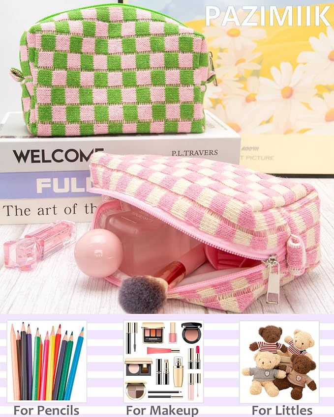 Checkered Makeup Bag for Purse, Small Cosmetic Pouch,Pink Beige,6 Pack | Cute Zipper Makeup Organizer for Women, Travel Essentials, Toiletries, Makeup Brushes, Beauty Accessories&Bridesmaid Gifts - Image 4