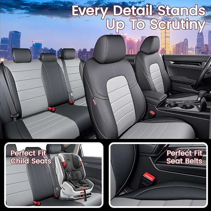 HKZ Custom Fit Civic Seat Cover Full Set for Honda Civic (Sedan 2022 2023 2024 Touring)&(Sedan 2025-2026 Sport Touring),5-Seats Full Set,Leather Seat Protector(Grey) - Image 7