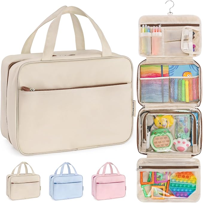 Kids Travel Organizer – Multi-Compartment, Water-Resistant Hanging Bag for Toys, Snacks, & Activities - Compact, Lightweight Design with Hook & Carry Handle - Perfect for Travel Use (Beige, Large) by MOTHERCOULD