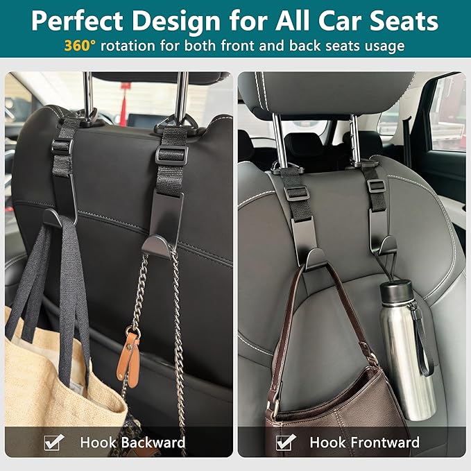Amooca 4 Pack Anti-drop Headrest Hooks Adjustable Car Seat Organizer | Universal Fit with Clip, Hanger for Backpack Umbrella Water Bottle Coat Purses Handbags Groceries, 40lb Heavy Duty, Black - Image 2