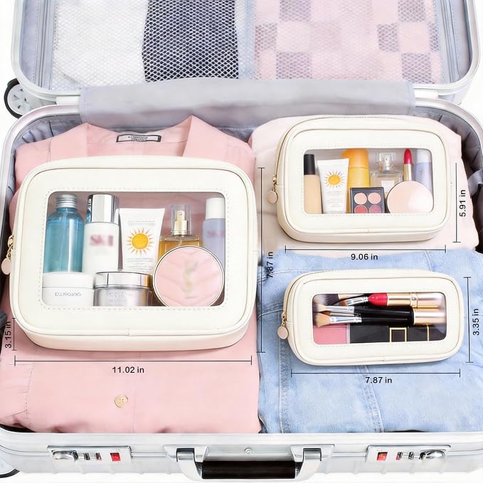 3-Piece Travel Clear Makeup Bag Set, Small Large Clear Cosemetic Bag with Makeup Brush Bag Waterproof Makeup Pouch with Zipper Toiletry Bags For Traveling Car Accessories for Women (White Set) - Image 7