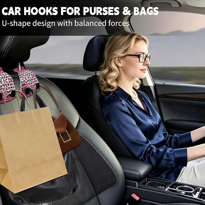 XIANGYUAN 2PCS PU Leather Car Seat Back Storage Headrest Hook,Purse Holder Bags Hanger,Women Car Accessories Organization(Pink leopard print) - Image 6