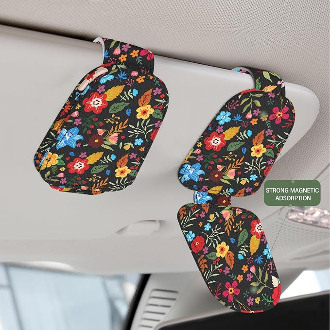 2 Pack Magnetic Leather Sunglass Holder, Universal Magnetic Car Eyeglass Hanger Clip for Different Size Eyeglasses, Car Visor Accessories (Black Floral) - Image 3