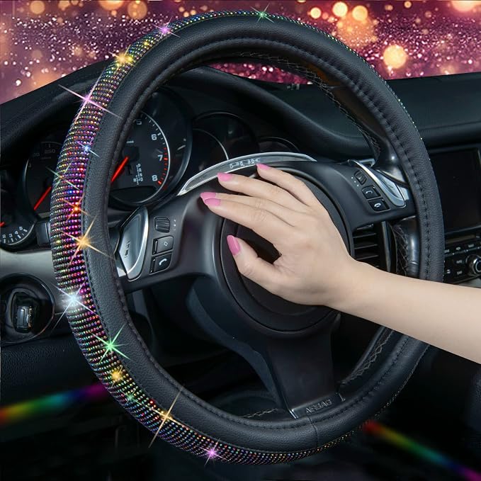 CAR PASS Diamond Leather Steering Wheel Cover, with Bling Crystal Rhinestones Fit Suvs,Vans,Sedans,Cars,Trucks Universal Fit 14.5-15inch Crystal Glitter for Women Sparkle Girl, Multicolor Diamond - Image 3