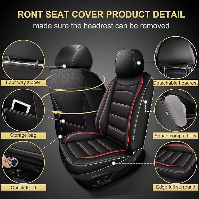 IKABEVEM Car Seat Covers Fit for Mazda 3 2007-2019: Luxury Leather Automotive Front Seat Covers, Car Seat Protector(2PCS Front, Black&Redline) - Image 2