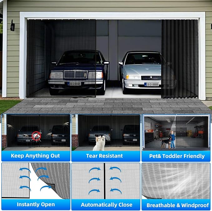 Sliding Garage Door Screen 2 Car with Track Closure 16x7Ft Retractable | Retractable Privacy Curtain Keep Annoying Animals Out Easy Install Heavy Duty Fiberglass Mesh Net for 2 Car Garage B1 - Image 5