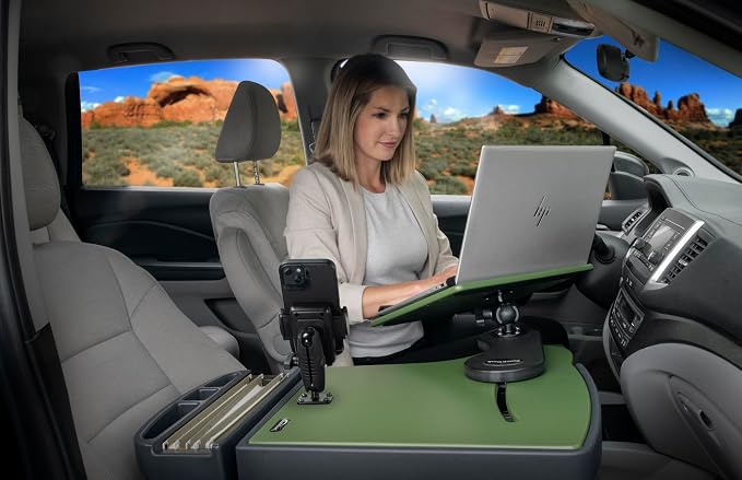 AutoExec Reach Desk Front Seat Car Desk and Portable Workstation with 400 watt Power Inverter, Phone Mount and Phone Vent Clip, Army Green - Image 6