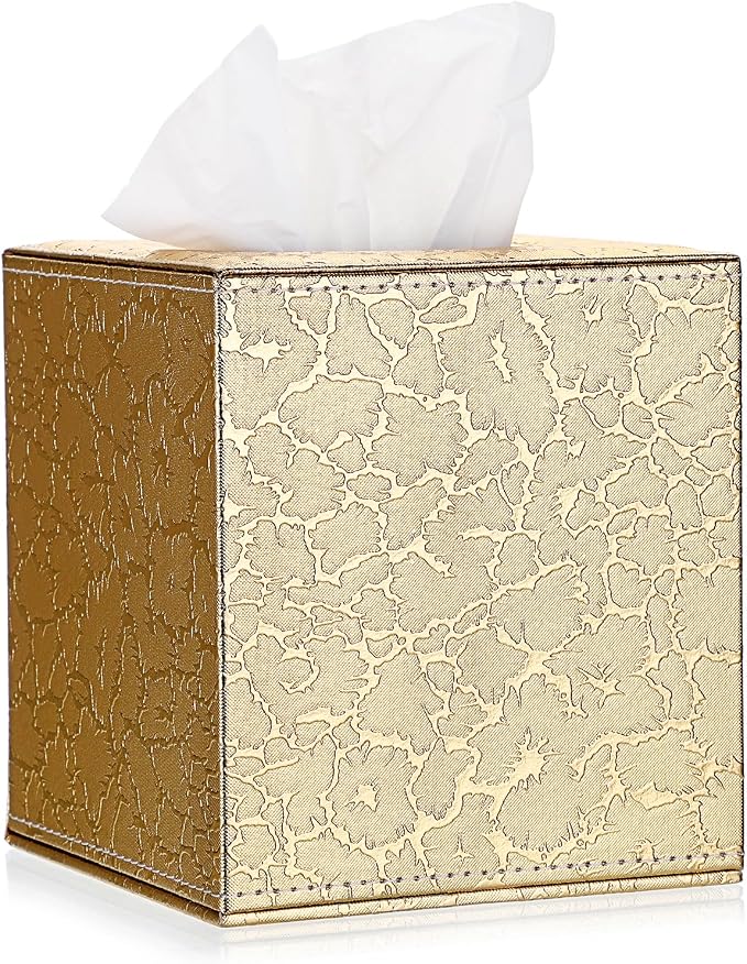 Sumnacon Square Leather Tissue Box Cover - Stylish Cube Tissue Box Holder with Magnetic Bottom, Decorative PU Tissue Box for Vanity Dresser Night Stand Table Countertop Home Office Car, Gold | Stylish Cube Tissue Box Decorative Tissue Covers for Vanity... by Sumnacon
