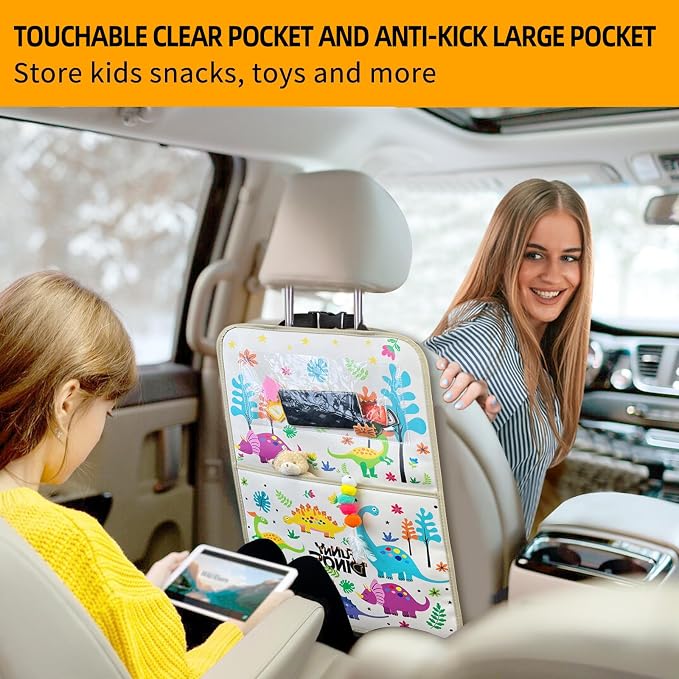 kids Leather Car Backseat Organizer with Foldable Table Tray, Car Storage Organizer with Tablet Holder, Car Seat Back Protectors Kick Mats, Travel Accessories (Dinosaur) - Image 5