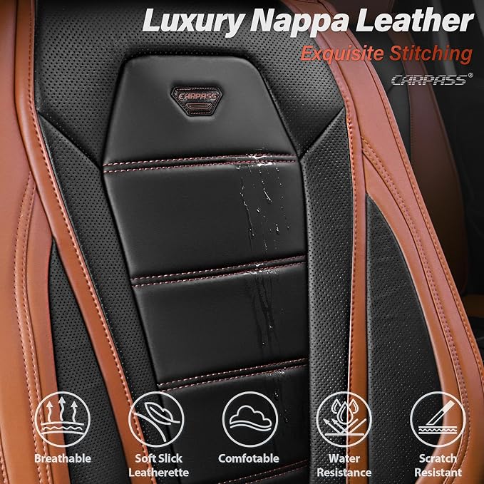 CAR PASS Nappa Leather Car Seat Covers Full Set Faux Leather,Black Brown | Luxury Nappa Leather,360° Full Protection,Water resistant,3D Foam Comfort,Universal Fit for Most Cars SUV Truck,Scratch proof - Image 5