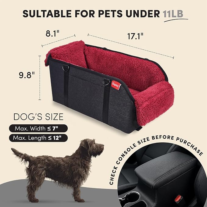 BurgeonNest Center Console Dog Car Seat for Small Pets to 11lbs, Red | Anti-collapse armrest Console seat with washable fluffy cushion, pillow & tether for stable, cozy pet travel trips. - Image 2