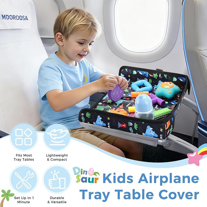 COOLBEBE Airplane Tray Table Cover, Foldable Travel Tray Cover | for Toddlers 1-3, Universal Fit for Airplane, Car Seat, High Chair, Machine Washable, Portable, Black Dinosaur - Image 8