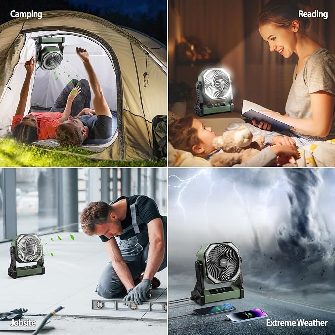 20000mAh Battery Powered Camping Fan, 58Hrs Rechargeable Portable Fan, 400LM Light, 360° Hook, Whisper Quiet Battery Operated Fan for Outdoor Car Travel Gear Essentials Power Outages Co-brand AMACOOL - Image 7