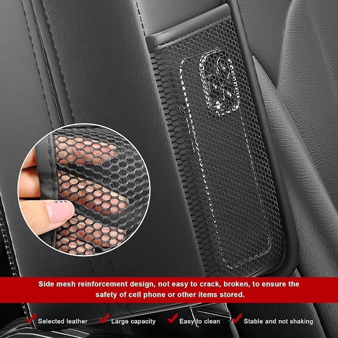 Car Tissue Holder, Waterproof Leather Auto Front Seat Side Tissue Box with 2 Mesh Pockets, Rectangular Large Napkin Holder Storage Hanging Bags for Cars SUVs Trucks - Image 4
