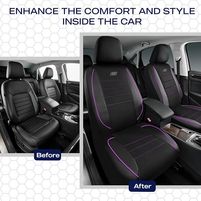 Skechers Air-Cooled Memory Foam Seat Covers,Mesh Thick Car Seat Covers,Piping Leather Car Seat Covers Front Seats,Airbag Compatible,Automotive Comfort Universal FitMost Cars,Vans,Truck,SUV,Purple - Image 6