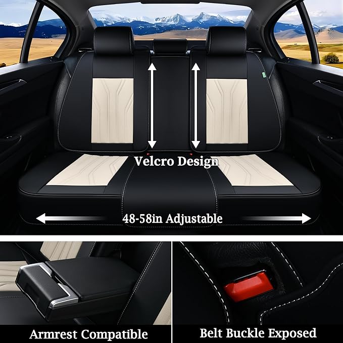 Leather Seat Covers, Seat Covers Full Set, Car Seat Protectors 5 Seats, Automotive Seat Covers Fit for Most Cars Trucks SUV- Black&Beige - Image 4
