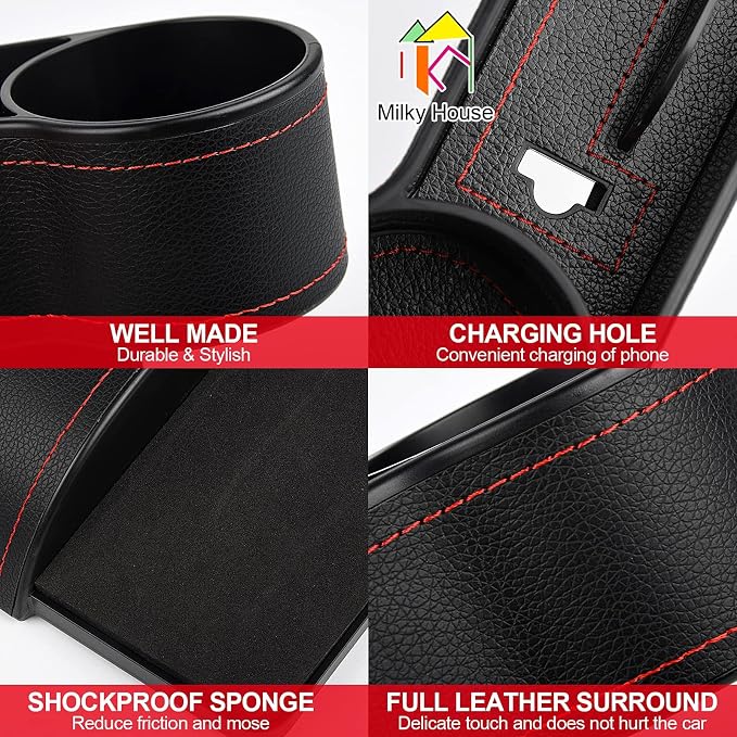 2 Set Car Seat Gap Organizer, Car Gap Filler Storage Boxes, PU Leather Front Seat Console Side Pocket Bags with Cup Holder 4 Hooks, Automotive Storage Box for Phone, Drinks, Cards, Sunglasses, Black - Image 5