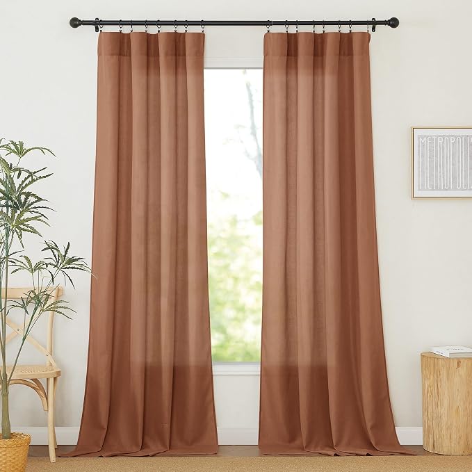 RYB HOME Linen Sheer Curtains 2 Panels for Living Room, Semi Transparent Privacy Drapes with Rod Pocket Farmhouse Style Window Treatments for Bedroom, Brunt Orange, 52" W x 108" L by RYBHOME