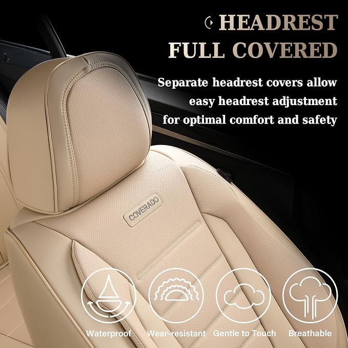 Coverado Car Seat Covers Front Seats, Car Seat Cover Beige, Car Seat Protector, Car Seat Cushion Nappa Leather, 2-Pack Waterproof Seat Covers Carseat Cover Universal Fit for Most Cars Trucks - Image 6