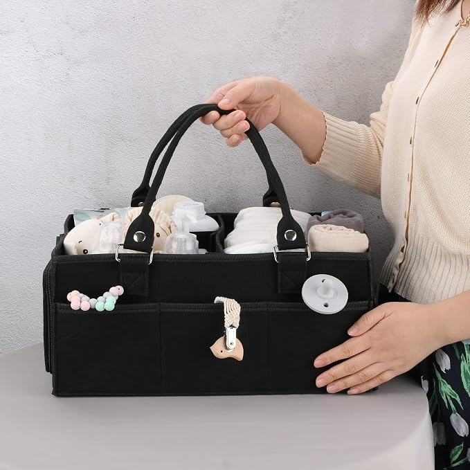 XUANGUO Large Baby Diaper Caddy Organizer, Felt Basket with Handles, Black | Nursery storage bin with dividers; portable tote bag for baby stuff, changing table or car, baby shower and registry gifts. - Image 2