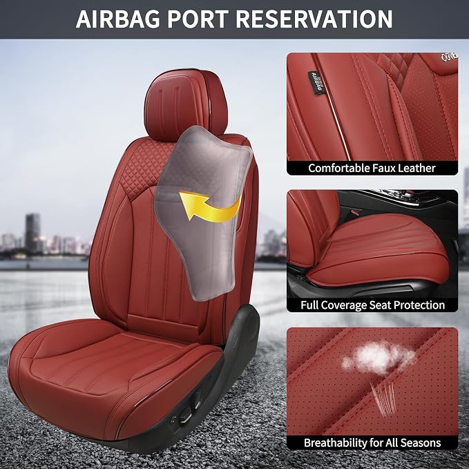 Red Seat Covers for Cars, 2Pcs Universal Leather Car Seat Covers Front Seats, Full Coverage Automotive Seat Covers for Most Sedans Trucks SUVs, Waterproof Breathable Car Seat Cover - Image 3