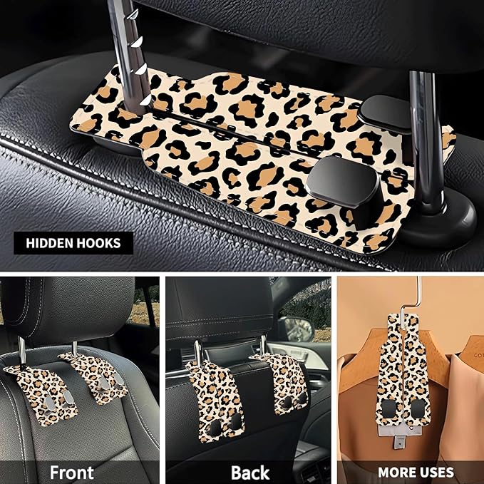 Car Seat Headrest Hook, Universal Leather Cute Hanger Holder Hook, Storage Organizer Interior Accessories for Purse Bags Handbag Luxury Yellow Leopard - Image 3