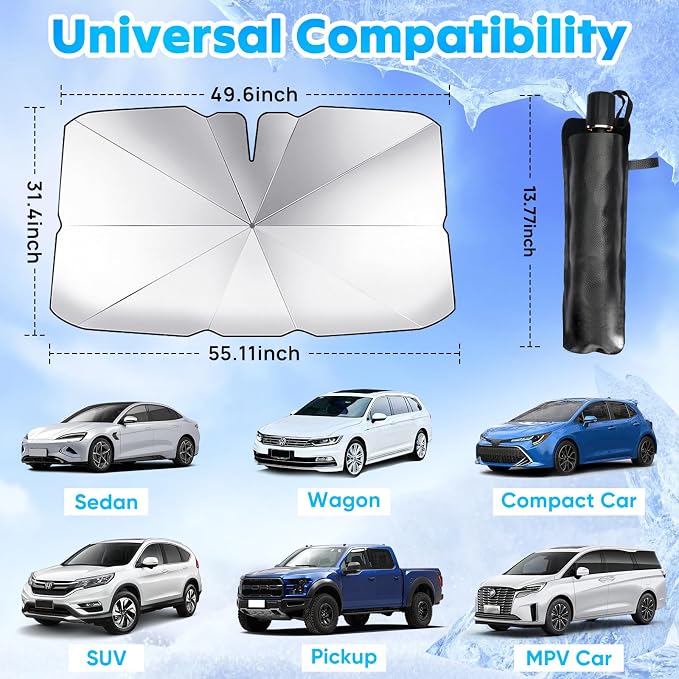 2026 Car Windshield Sun Shade Umbrella, Foldable Car Sunshade with UV Block | Car Front Window Shield, Heat Insulation Protection, 360° Rotation Handle, Storage Bag, Fits SUV Hatchback & MPV (55" x 32”) - Image 2