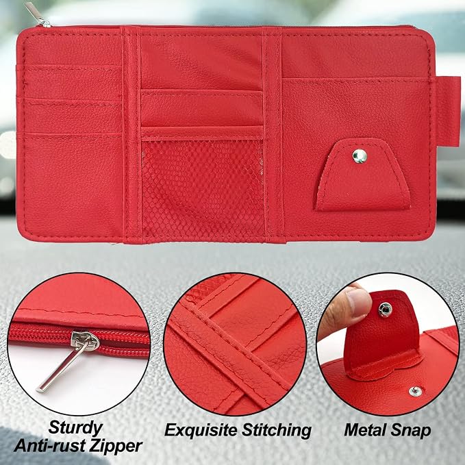 Keedolla Car Sun Visor Organizer with Multi-Pocket Net Zipper, Truck Visor Organizer Storage Pouch Holder for Cards, Pens, Sunglasses, CD Holder - Red - Image 5