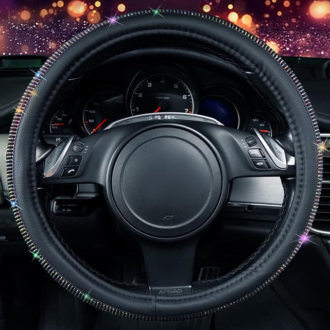 CAR PASS Diamond Leather Steering Wheel Cover, with Bling Crystal Rhinestones Fit Suvs,Vans,Sedans,Cars,Trucks Universal Fit 14.5-15inch Crystal Glitter for Women Sparkle Girl, Multicolor Diamond - Image 7