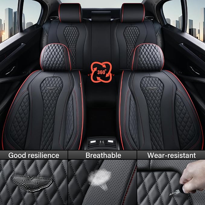 Coverado Car Seat Covers Full Set, Black Seat Covers, Waterproof Car Seat Cover, Car Seat Cushion, Car Seat Covers Front Seats Back Seat Covers, Car Seat Protector Universal Fit Most Cars Red Line - Image 5