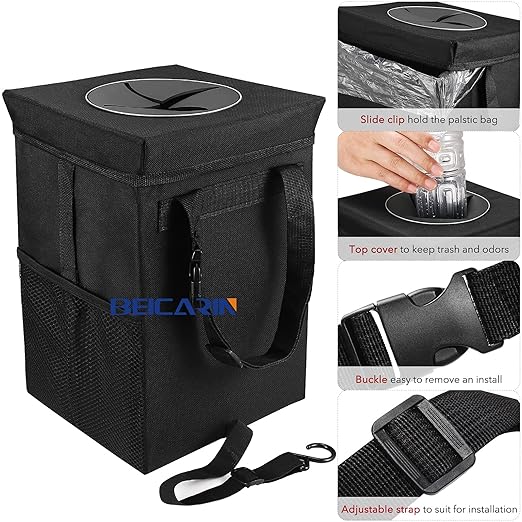 Car Trash Can with Lid - Trash Bag Hanging with Storage Pockets Leak-Proof SUV Organizer Collapsible and Portable Waterproof Truck Garbage Bin, 2.6 Gal Large Capacity Multipurpose Trash Bin for Van - Image 6