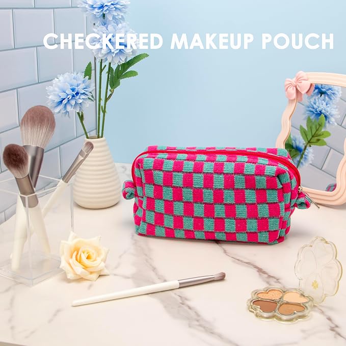 Checkered Makeup Bag for Purse, Small Travel Cosmetic Pouch,Magenta Green | Cute Zipper Makeup Organizer for Women, Travel Essentials, Toiletries, Makeup Brushes, Beauty Accessories&Bridesmaid Gifts - Image 3