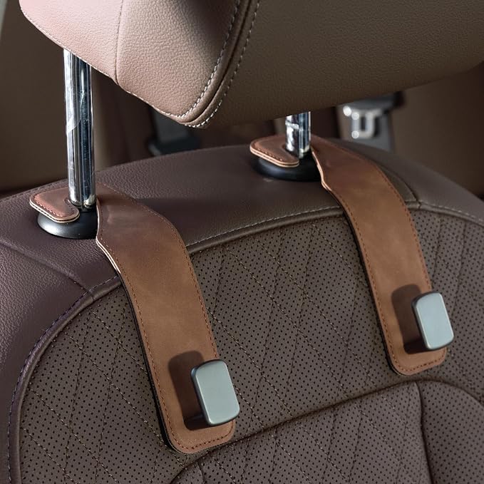 CoBak Headrest Hooks for Car - Universal Premium Stitched Leather and Aluminum-Magnesium Alloy Single Car Seat Back Storage Hook for Purses, Handbags, Bags (2 Pack),Brown by PopulartabletcasebrandWegivepeoplethebestdesignofprotectingvariouselectronicdevices