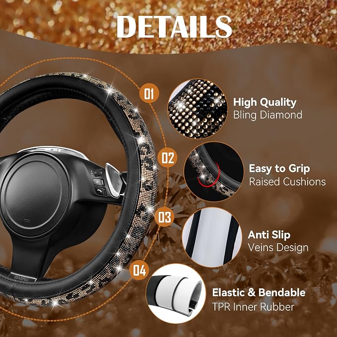CAR PASS Bling Diamond Steering Wheel Cover Leopard Pattern, Sparkly Crystal Glitter Rhinestones Black Leather Wheel Protect for Women Girl Fit Suvs,Vans,Sedans,Cars,Trucks, 14" 1/2-15" Gold Leopard - Image 5