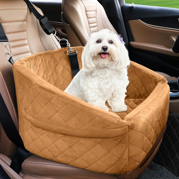 NEEZUKAR Dog Car Seat for Small Medium Dogs,Detachable Washable Dog Booster Seat Under 30lbs,Pet Car Seat Travel Bed with Storage Pockets and Dog Safety Belt（Brown by NEEZUKAR