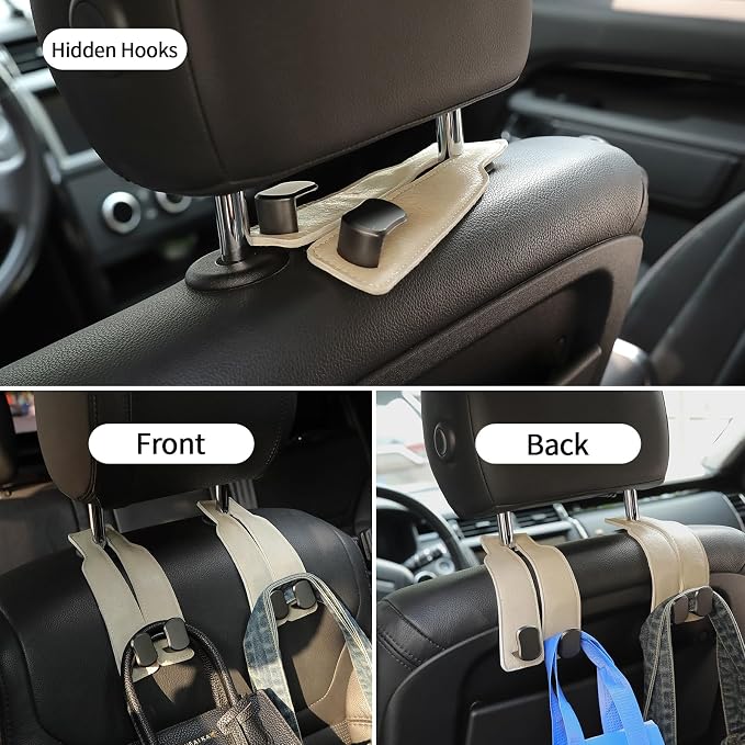 KINIVA Car Seat Headrest Storage Hooks, Set of 2, Suede PU Leather, Double Hooks (06-White) - Image 6