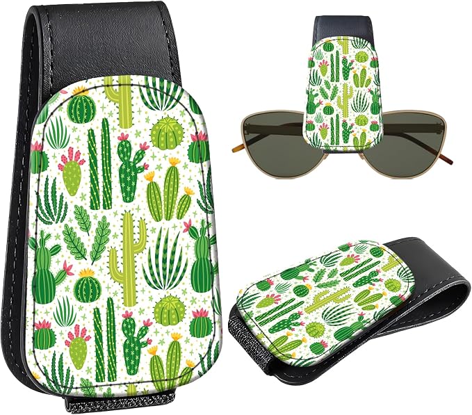 Leather Magnetic Sunglass Holder for Car Sun Visor, Cute Eyeglass Ticket Card Hanger Clip, Universal Auto Interior Accessories for SUV Pickup Truck, Cactus Pattern by Unknown