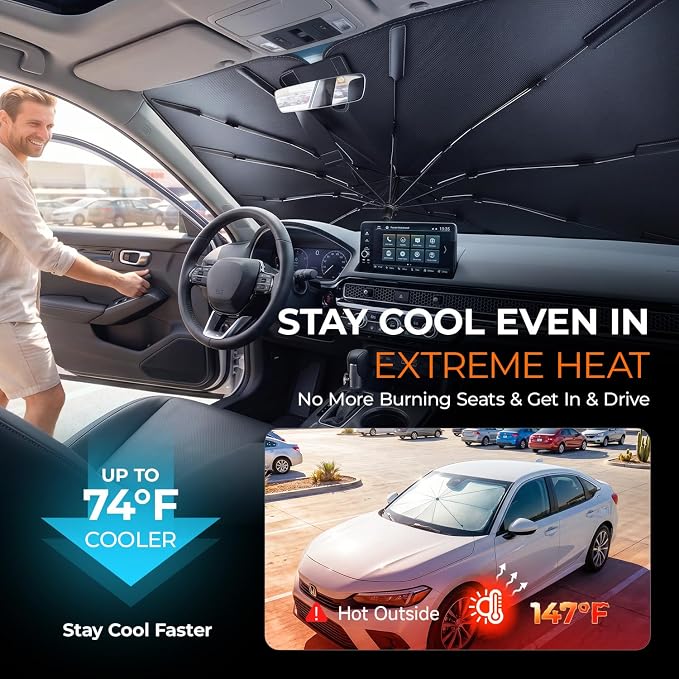 [2026 Upgraded] DooGooCoo Windshield Sun Shade Umbrella for Honda Civic 2022-2025 2026 [100% Sunlight Blocked, Cooling Ice Crystal] Sunshade for Car Windshield for Civic Sun Shade, Custom Fit Civic. - Image 3