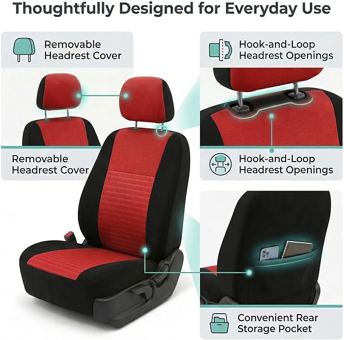 FH Group Universal Car Seat Covers Front Set for SUV Truck Sedan Vans | 3D Textured Breathable Fabric Seat Cover Set Protector with Airbag Compatible Interior Upgrade - Red - Image 5