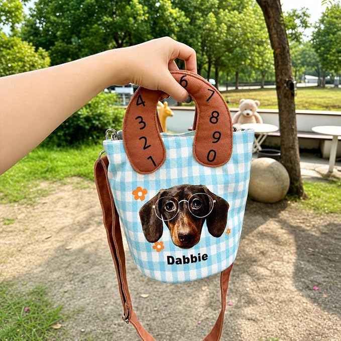 Personalized Pet Portrait Canvas Handbag Custom Dog Cat Mom Gift with Name | Plaid Bucket Bag with Number Handle & Crossbody Strap, Unique Gift for Pet Lovers - Image 5