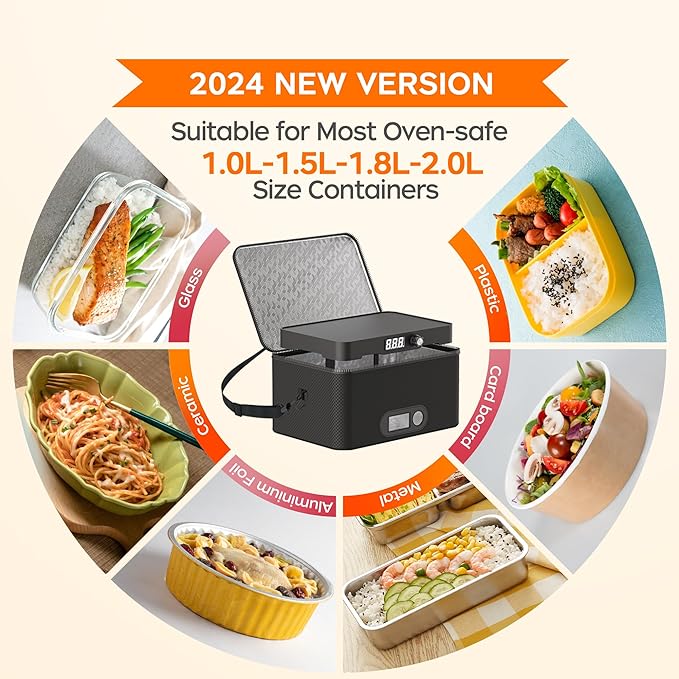 Portable Oven, 12V 24V 110V-240V Car Food Warmer Portable Personal Mini Oven Electric Heated Lunch Box for Meals Reheating & Raw Food Cooking for Road Trip/Camping/Picnic/Family Gathering(Black) - Image 4