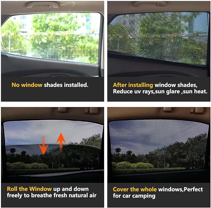 Car Rear Side Window Shadows for Small,Medium Sedan Car Only, Breathable Mesh Stretch Sun Shade Screens Covers ffor Camping, Anti-Sun Glare, Reduce UV Rays, Privacy Protection, 2 Pack - Image 2
