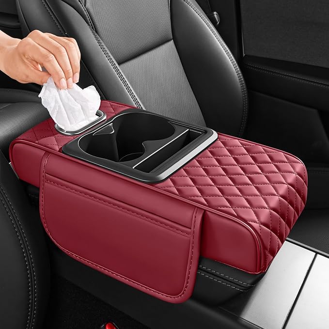 5 in 1 Nappa Leather Console Armrest Cover, Burgundy | Built-in cup holder, tissue slot, phone holder & 2 storage pockets, practical car accessories fit SUV sedan truck by AuraSettle
